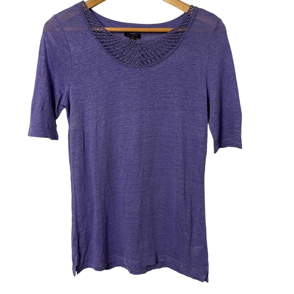 Talbots Linen T-shirt with Crochet Scoop Neck Womens Size XS Purple